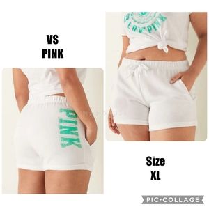 VS PINK White Maldive Green PINK Logo Everyday Lounge Boyfriend Shorts XL NEW